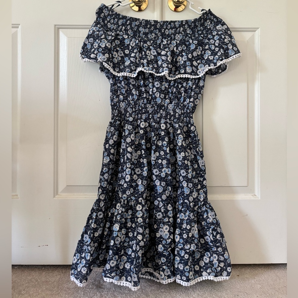 Off-The Shoulder Blue Flower Pattern Dress
